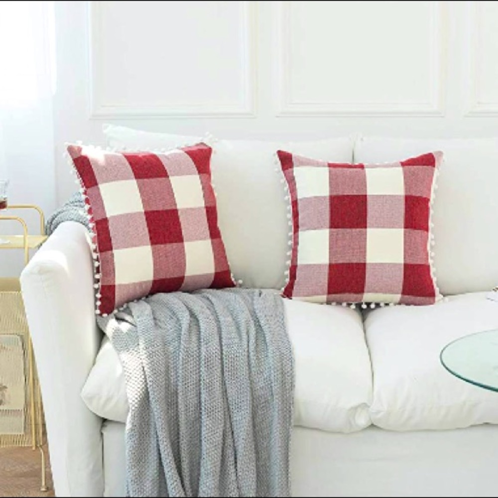 Classic Red/White Gingham Pompom Farmhouse Preppy Chic Cute Throw Pillow Covers - Picture 2 of 9